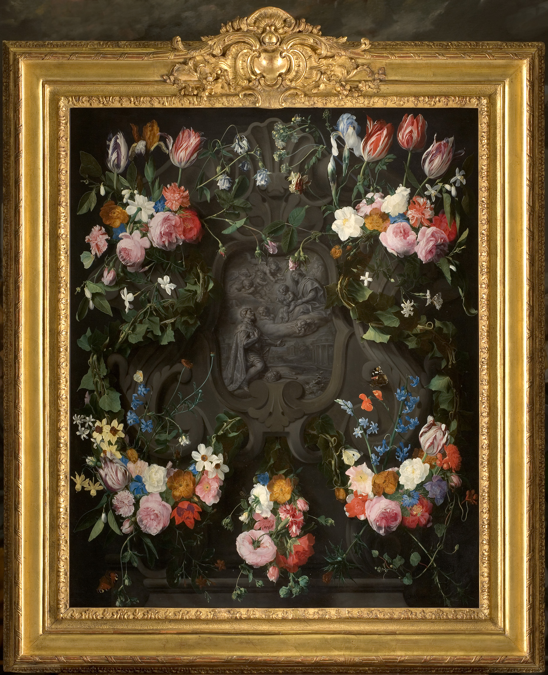 Guirlande de fleurs avec l'apparition de la Vierge à l'Enfant à saint Léopold
