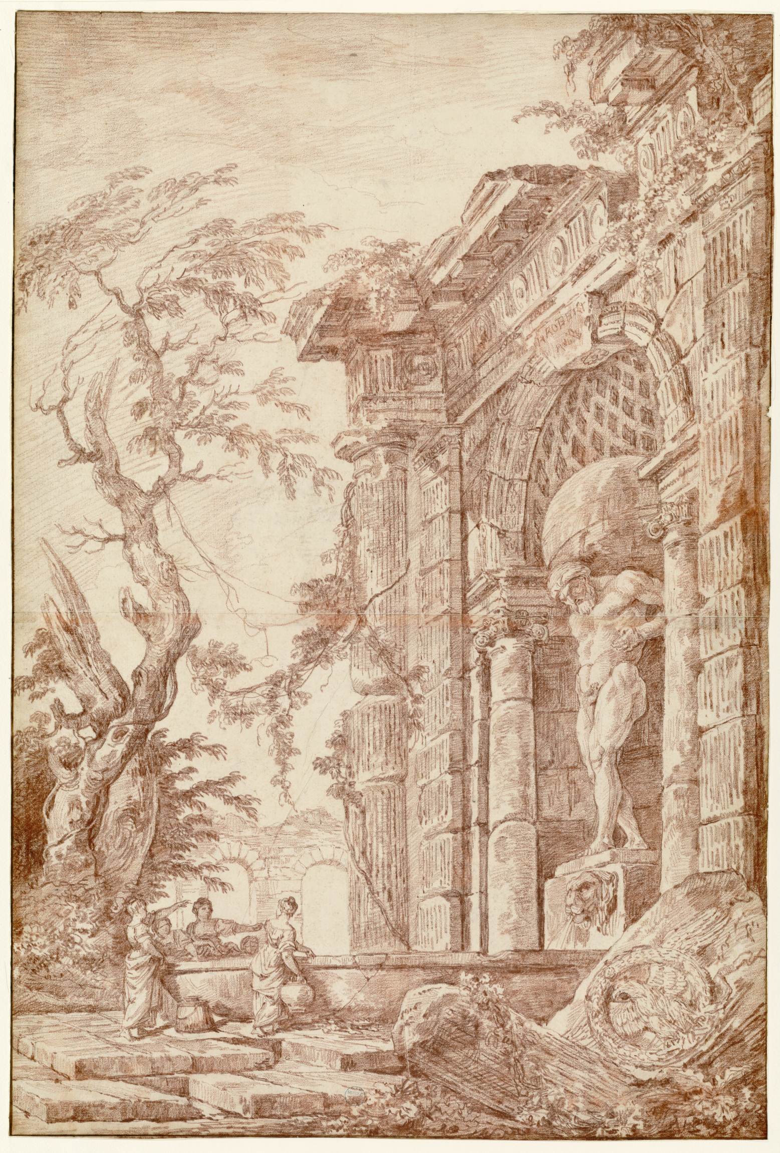 Ruines de fontaine avec la statue d'Atlas