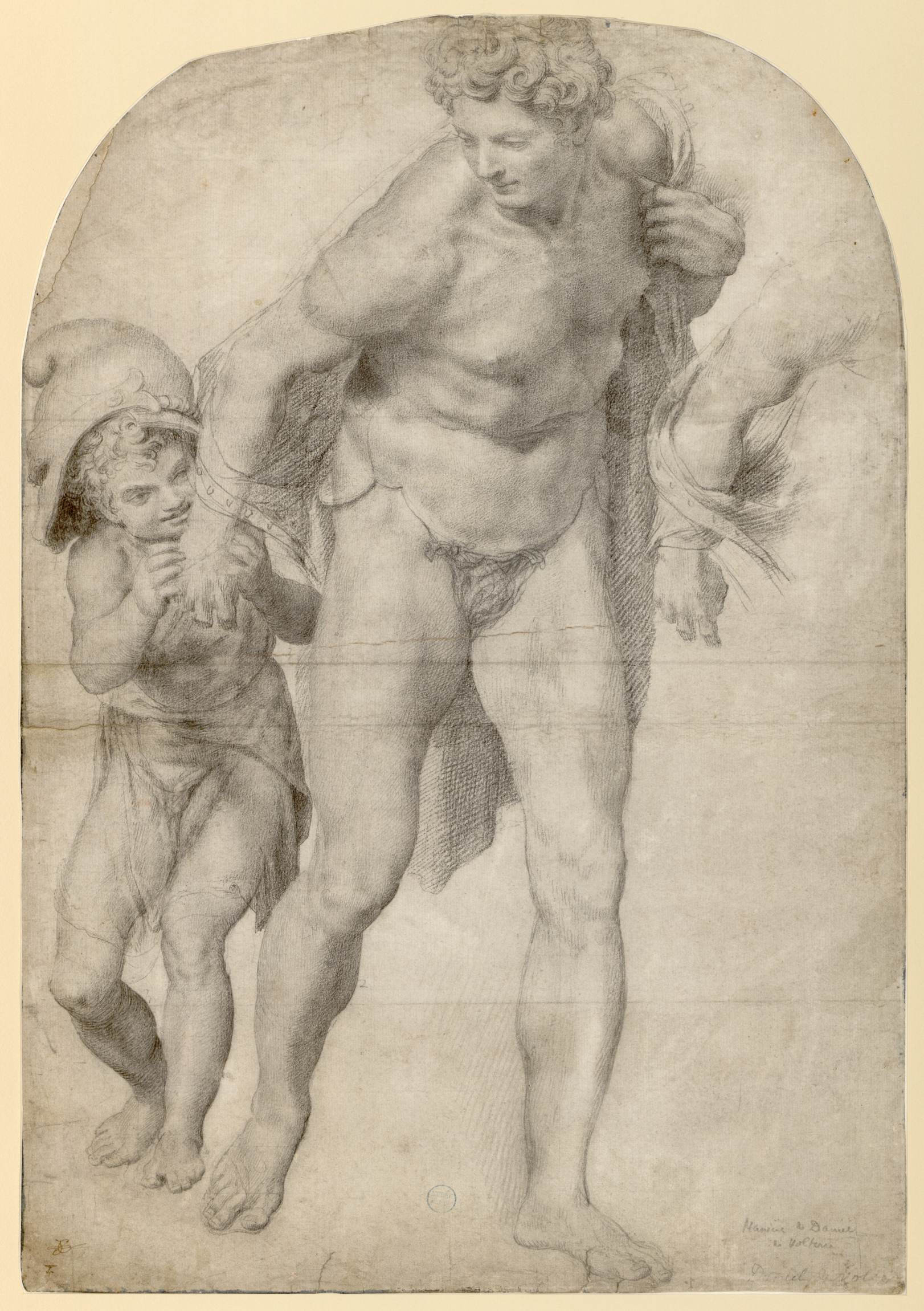 Étude d'un homme en pied, reprise de son bras droit, avec un enfant portant un casque sur sa tête, lui tenant sa main droite