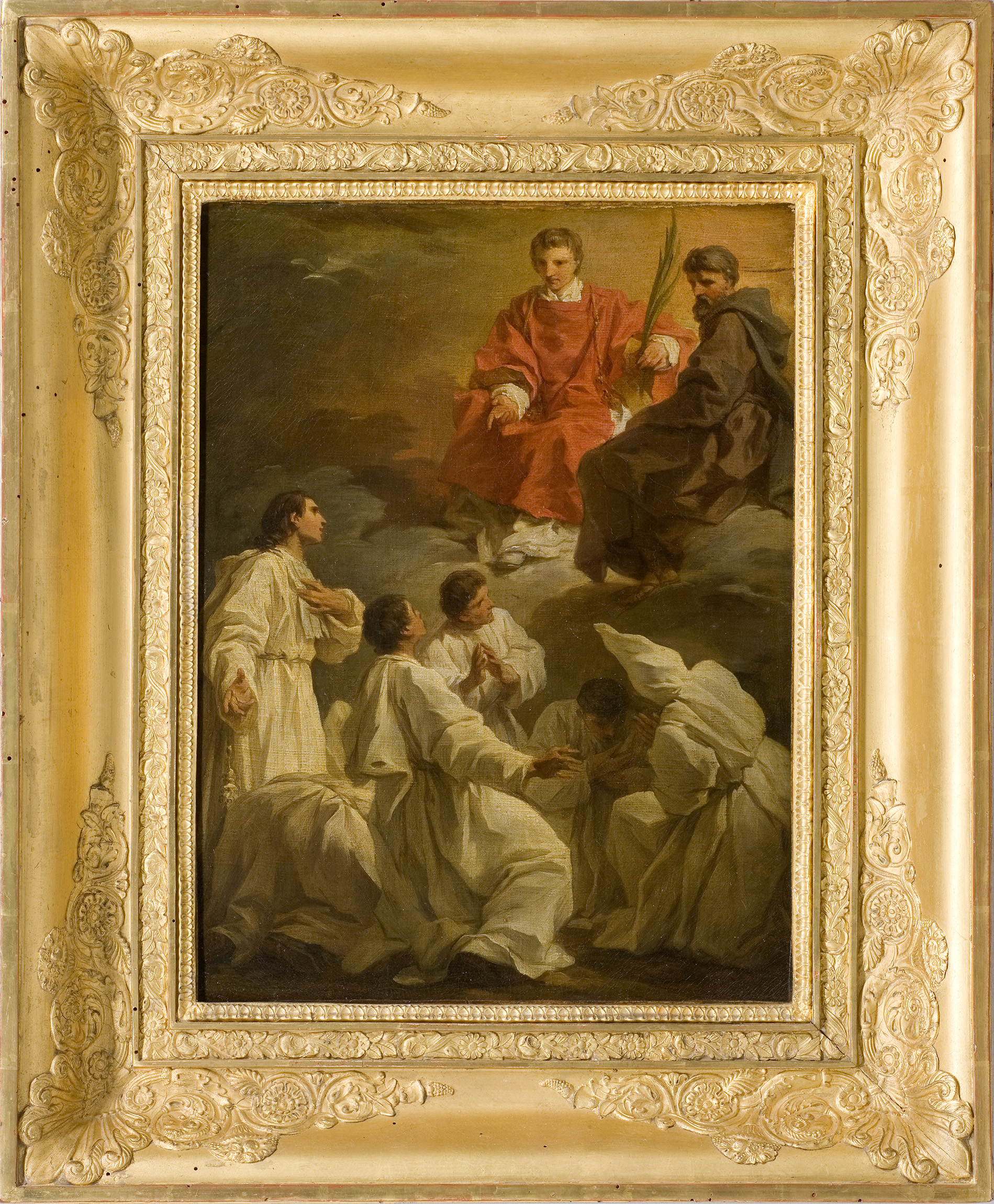 Six pénitents blancs adorant saint Étienne et saint François d'Assise